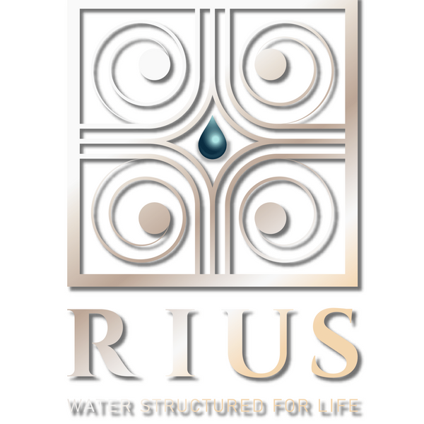 An image of the Rius Structured Water logo in gold on top of a white background featuring a pure blue water droplet in the center of the logo. 