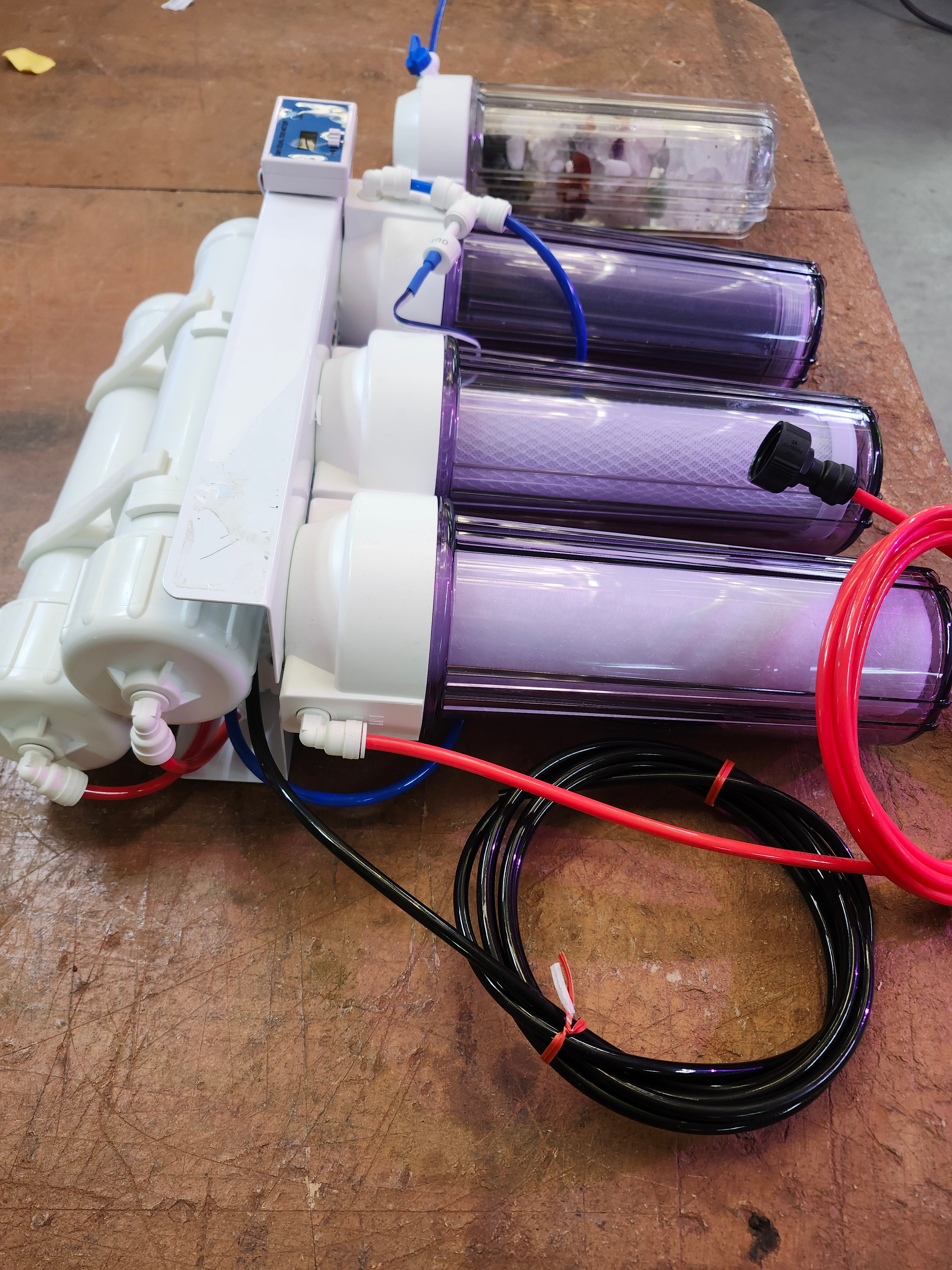 Complete Rius reverse osmosis system with purple crystal charging chambers and tubing
