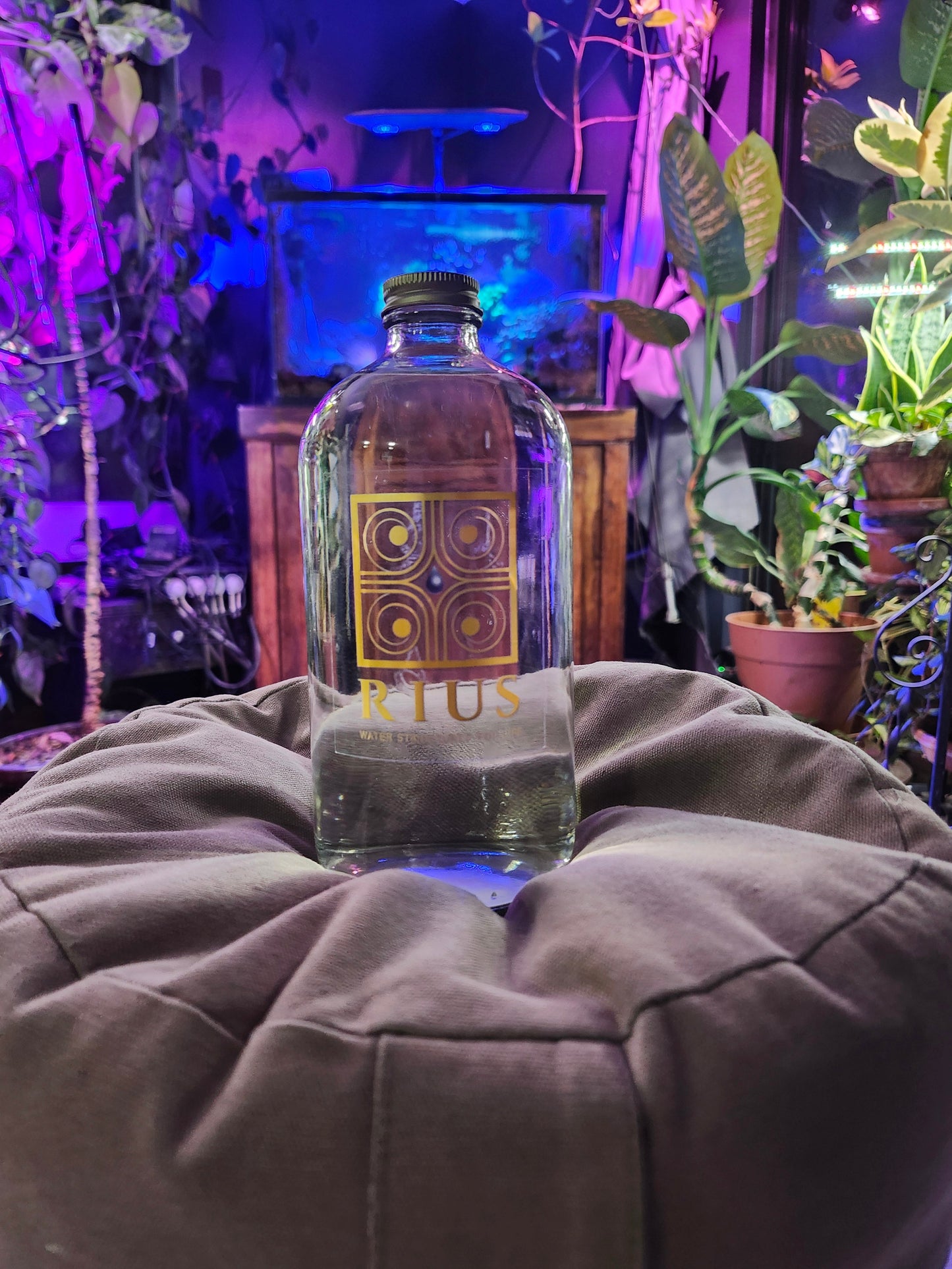 Rius Crystal Charging Chamber resting on a cushion in a colorful wellness space